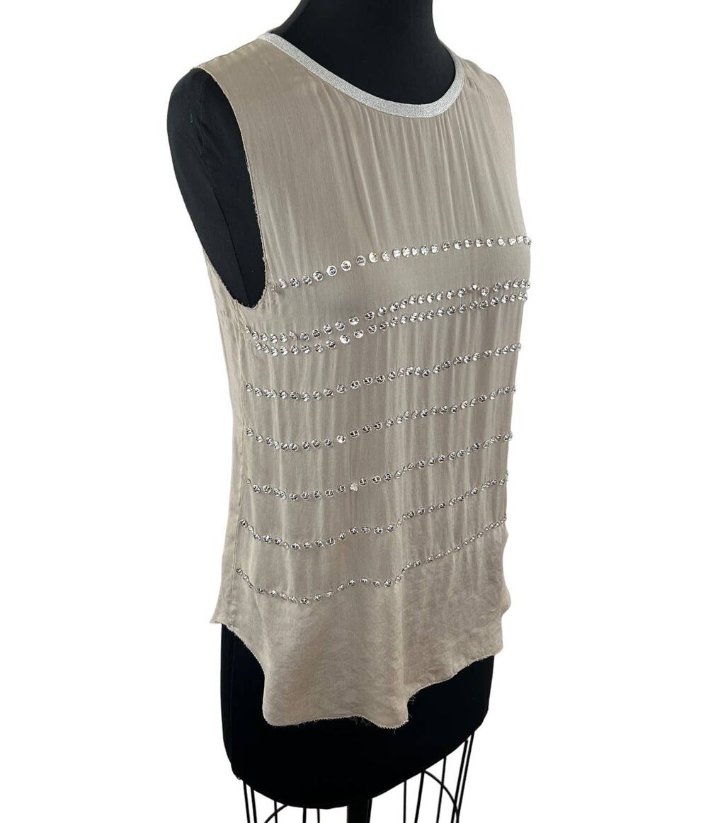L'AGENCE Beige Silk Rhinestone Sleeveless Blouse Chiffon Embellished Sparkle 2